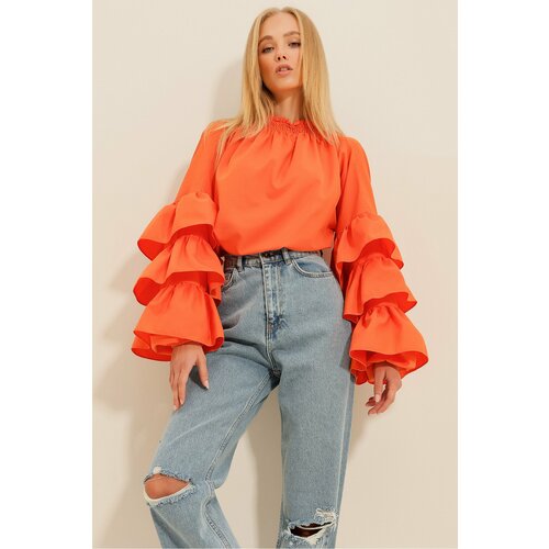 Trend Alaçatı Stili Women's Orange Turtleneck Sleeve Flounce Woven Blouse Slike