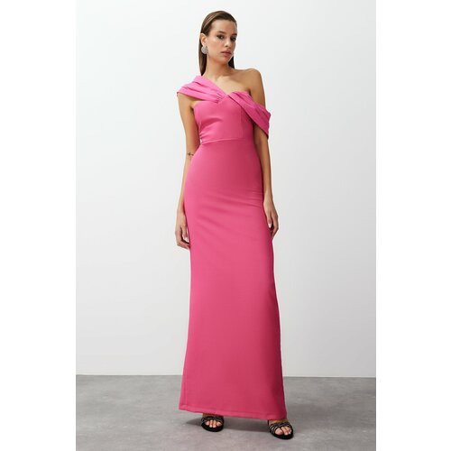 Trendyol Pink Fitted Asymmetric Collar Poplin Detail Long Evening Evening Dress Slike