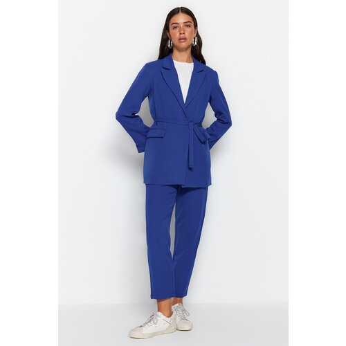 Trendyol Blue Lacing Detailed Crepe Jacket-Pants Woven Bottom-Top Set Slike