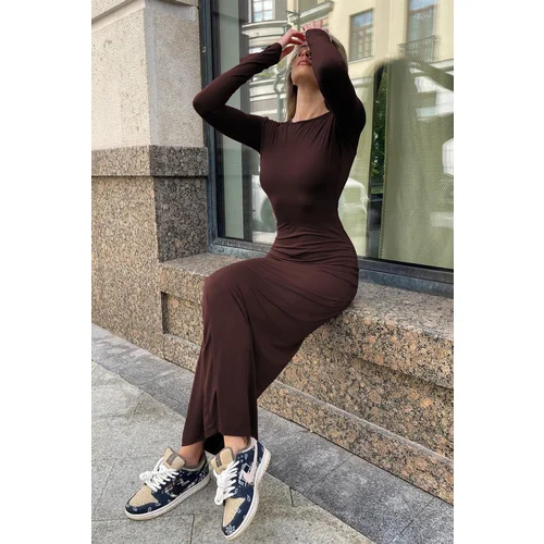 Madmext Bitter Brown Basic Half Turtleneck Long Sleeve Dress