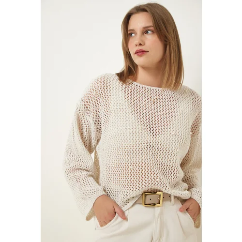  Women's Cream Pearl Detailed Openwork Seasonal Knitwear Sweater