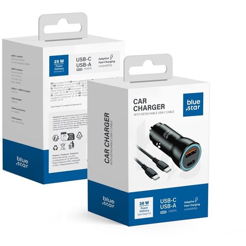 Blue Star auto punjač 30W (pd, qc 3.0, afc, pps) + usb c port + kabal type c na type c 60W crni Slike