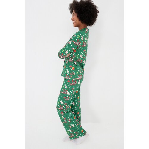 Trendyol Green 100% Cotton Christmas Themed Shirt-Pants and Knitted Pajamas Set Cene