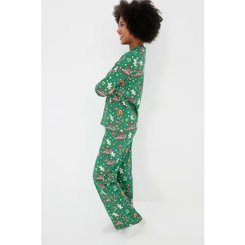 Trendyol Green 100% Cotton Christmas Themed Shirt-Pants and Knitted Pajamas Set