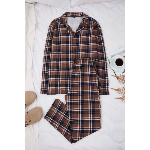 Trendyol mu&amp;scaron;ki set Brown Regular Fit Plaid Checked Shirt-Pants Knitted Pajama Set Tmnaw26Pt00014, braon-braon Slike