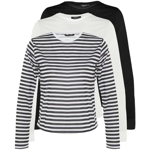Trendyol Black-White-Striped 3-Pack Crew Neck Basic Knitted T-Shirt