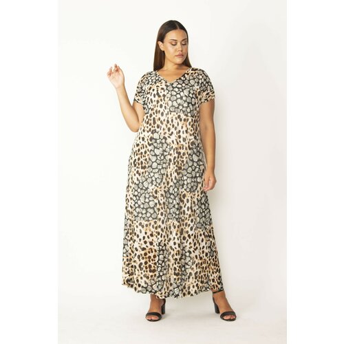 Şans Women's Plus Size Leopard V Neck Chiffon Fabric Lined Long Dress Slike