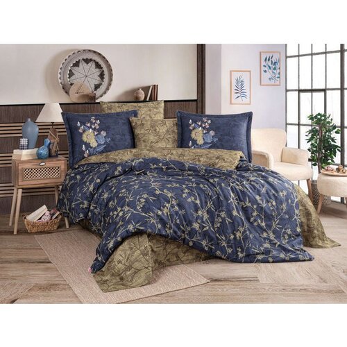 Jessica Dark BlueKhaki Exclusive Satin Double Quilt Cover Set Cene