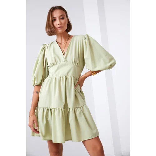 Fasardi Waisted dress with puff sleeves in olive green