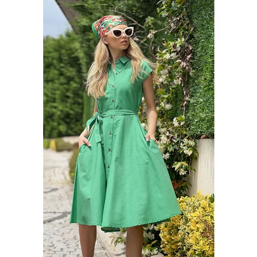 Trend Alaçatı Stili Women's Green Sleeveless Linen Woven Shirt Dress