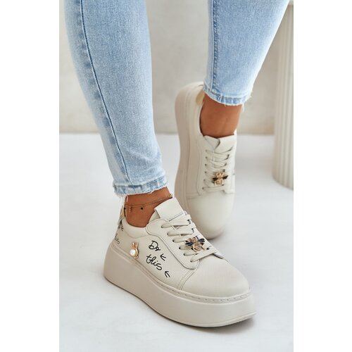 Kesi Women&amp;#039;s Leather Platform Sneakers With Badges And Vinceza Beige Inscription Slike