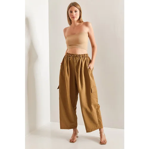 Bianco Lucci Women's Oversized Parachute Fabric Pants with Elastic Waist, Cargo Pocket.