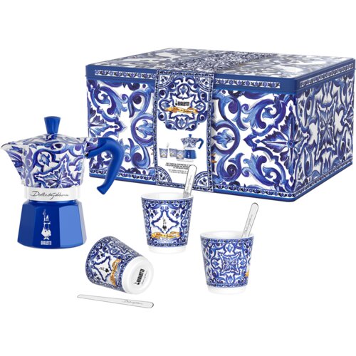 Bialetti Darilna &scaron;katla Dolce & Gabbana Moka Express kafetiera za 3 skodelice Blu Mediterraneo + 3 skodelice za espresso in me&scaron;alne palčke - 1 kos Cene