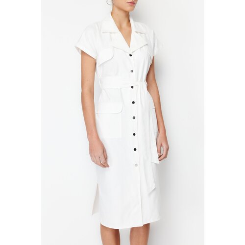 Trendyol Ecru Belt Detailed Pocket Gabardine Shirt Woven Midi Dress Cene