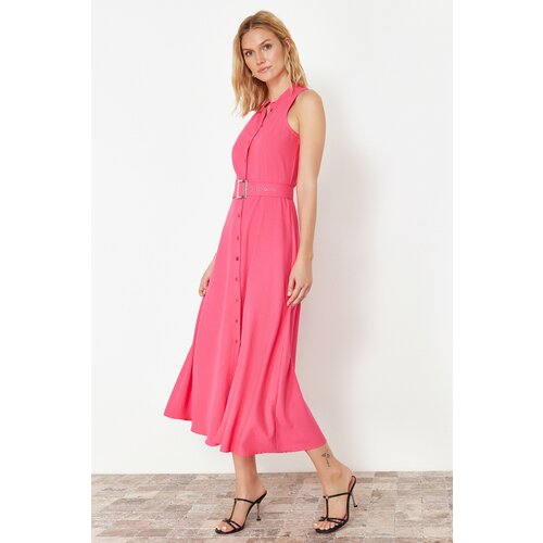Trendyol Pink Belted Midi Woven Shirt Dress Cene