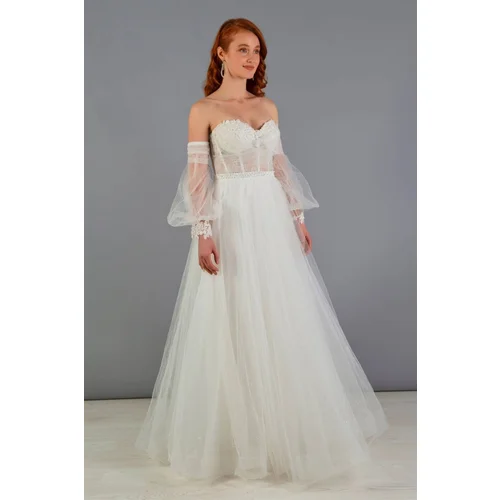 Carmen Tulle Low Sleeve Engagement Party Evening Dress in Ecru