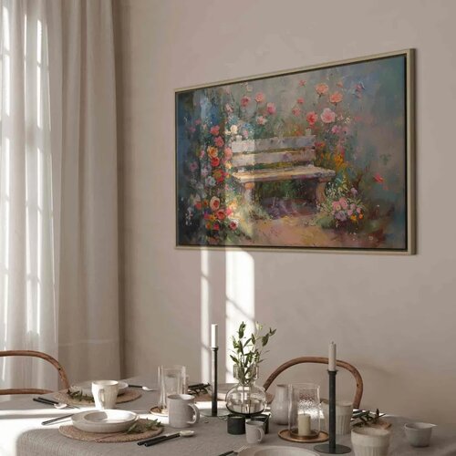  Slika - Flowery bench - impressionist painting full of flowers 60x40 U prirodnom drvenom okviru Cene