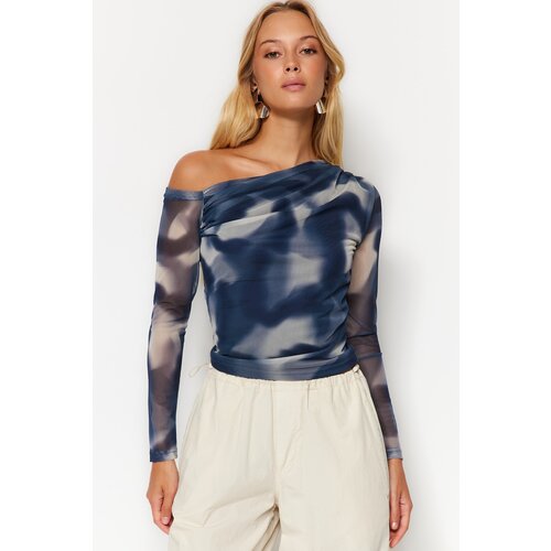 Trendyol Oil Tulle Lined Asymmetrical Collar Knitted Blouse Slike