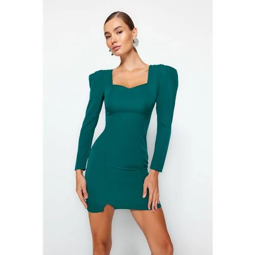 Trendyol Emerald Green with Fitted Sleeves and a Slit Woven Dress