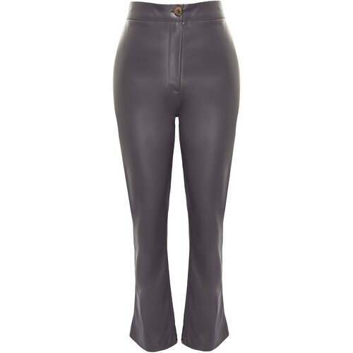 Trendyol Anthracite Straight Weave Faux Leather Trousers Slike