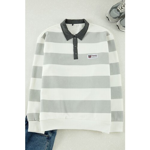 Trendyol Plus Size Ecru Regular/Normal Cut Polar Fleece Inside Cotton Striped Sweatshirt Cene