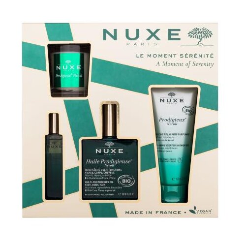 Nuxe A Moment Of Serenity Set suho olje Huile Prodigieuse Néroli 100 ml + parfumska voda Prodigieux Néroli Le Parfum 15 ml + gel za prhanje Prodigieux Néroli Relaxing Scented Shower Gel 100 ml + svečka Prodigieux Néroli 70 g za ženske Cene