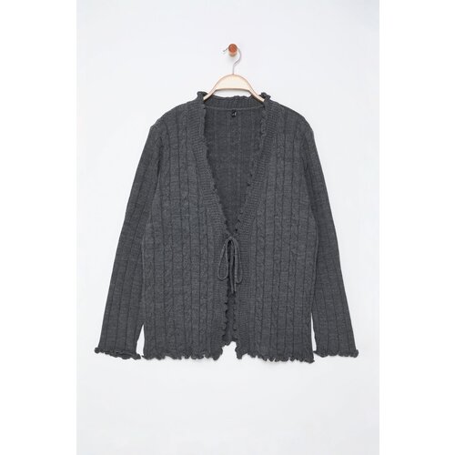 Trendyol Curve Anthracite Hair Knit Patterned Tied Knitwear Cardigan Slike