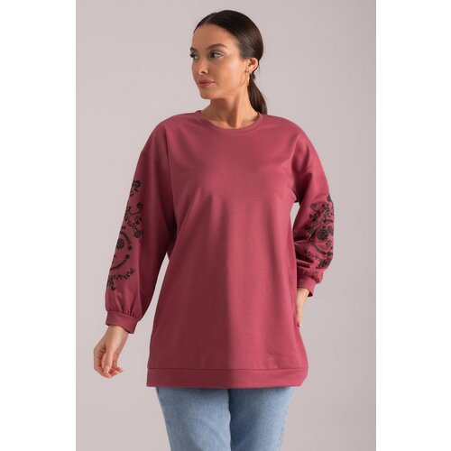 armonika Women's Dusty Rose Round Neck Sleeve Embossed Sweatshirts Cene