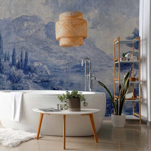  Foto tapeta - Blue Bay - Italian landscape of Lake Como painted with blue ink 200x140 Vodootporna Slike