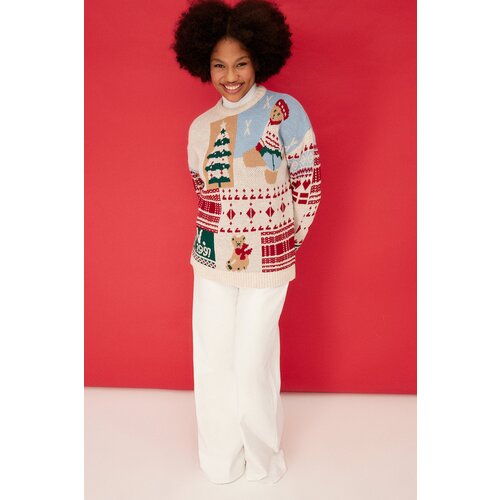 Trendyol Stone Christmas Theme, Wide fit Soft Textured Patterned Knitwear Sweater Cene