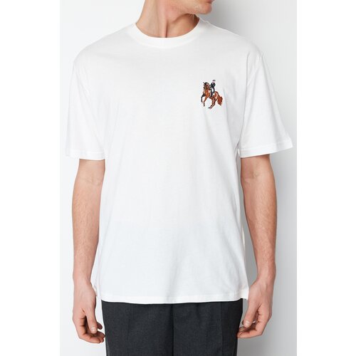 Trendyol Ecru Men's Relaxed/Comfortable Cut Horse/Animal Embroidered Short Sleeve 100% Cotton T-Shirt Cene