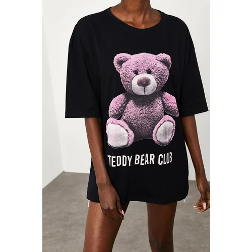XHAN Women's Black Teddy Bear Printed Loose T-Shirt