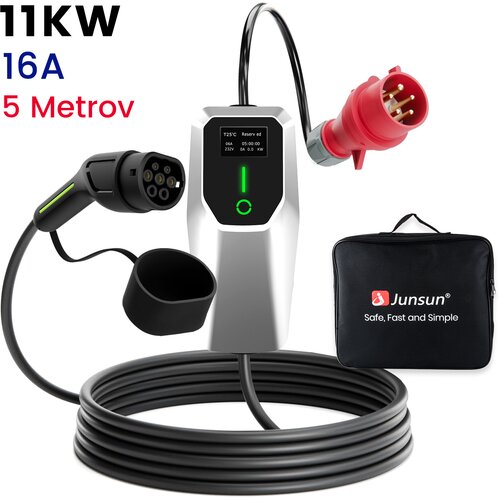 JUNSUN Tip 2 EV Polnilni Kabel za Električna Vozila – 3-Fazni 11KW, Nastavljiv Tok, Prenosni Polnilec 5M s Schuko Vtičnico in Torbico (6/8/10/13/16A), (21989615) Cene