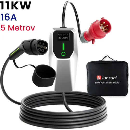 JUNSUN Tip 2 EV Polnilni Kabel za Električna Vozila – 3-Fazni 11KW, Nastavljiv Tok, Prenosni Polnilec 5M s Schuko Vtičnico in Torbico (6/8/10/13/16A), (21989615)