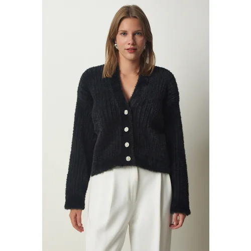  Women's Black Pearl Button Detailed Bearded Knitwear Cardigan