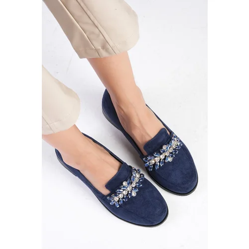 Mio Gusto Matilda Women's Dark Blue Oxford Flat Shoes with Stones