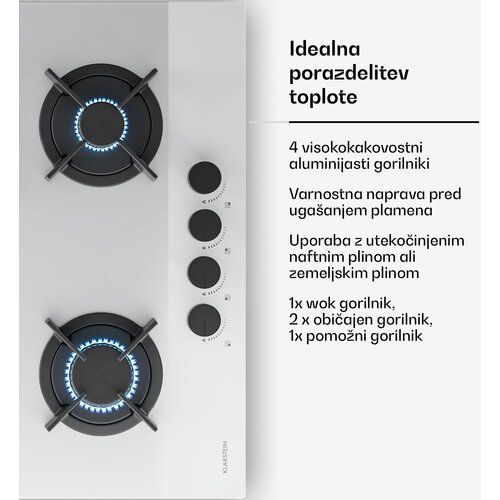Klarstein Velaire plinska ploča za kuhanje, 4 plamenika s električnim paljenjem, kompatibilna s prirodnim plinom i ukapljenim naftnim plinom, 8000 W, 60 cm Slike