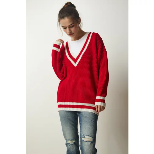 Happiness İstanbul Women's Red V-Neck Stripe Detailed Oversize Knitwear Sweater