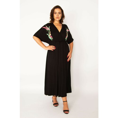 Şans Women's Plus Size Black Wrapover Neck Elastic Waist And Embroidery Detailed Dress Cene