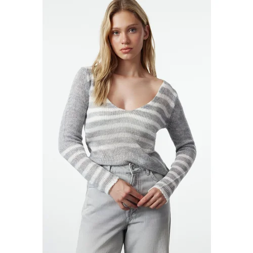 Trendyol Gray Soft Textured Loose Knit Striped Sweater