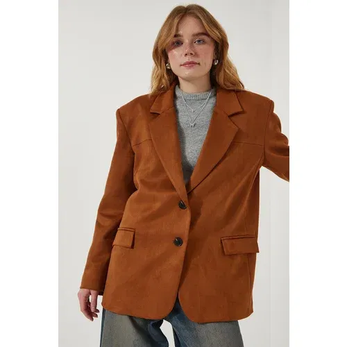 Happiness İstanbul Women's Tan Premium Suede Blazer Jacket