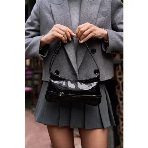 Madamra Women's Black Patent Leather Baguette Bag
