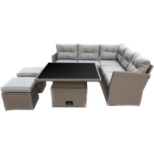Molarem Home Garnitura vrtnog namještaja - Kutna sofa, 2 taburea, stol - Sivi jastuci - Smeđa boja