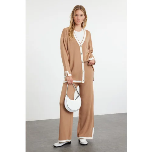 Trendyol Camel Color Block Knitwear Cardigan Trousers Bottom-Top Set