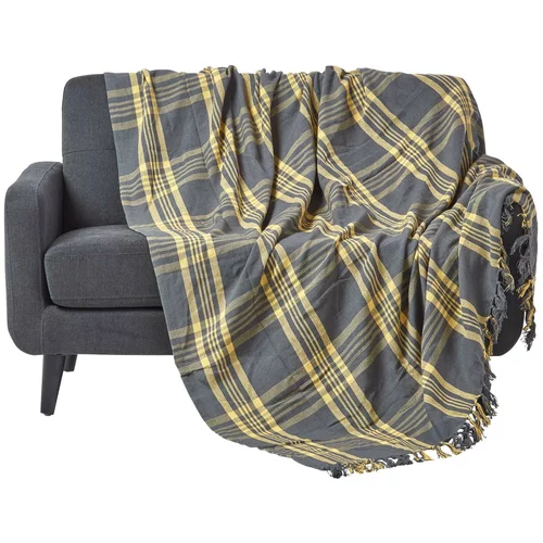 HOMESCAPES Siva in rumena pokrivalo za kavč in posteljo v tartanovem vzorcu, 150x200 cm, (20750341)