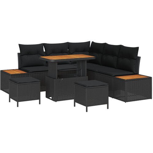 VidaXL 8-dijelni set vrtnih sofa s jastučićima crni poli ratan akacija, 3-dijelni set vrtnih blagovaonica s jastučićima crni poli ratan akacija Slike