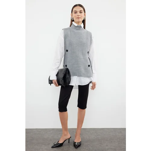 Trendyol Gray Side Functional Buttoned Knitwear Sweater