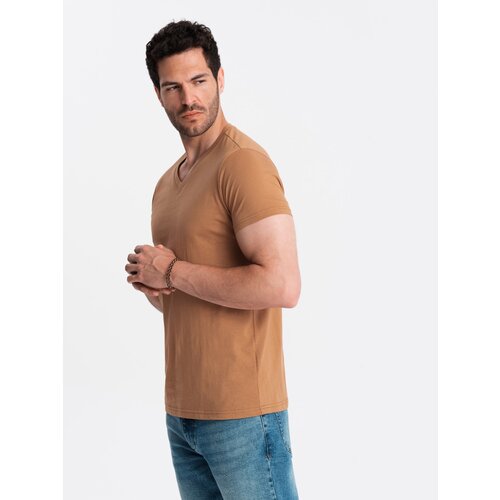Ombre Men's BASIC classic cotton T-shirt with a v-neck - brown Cene