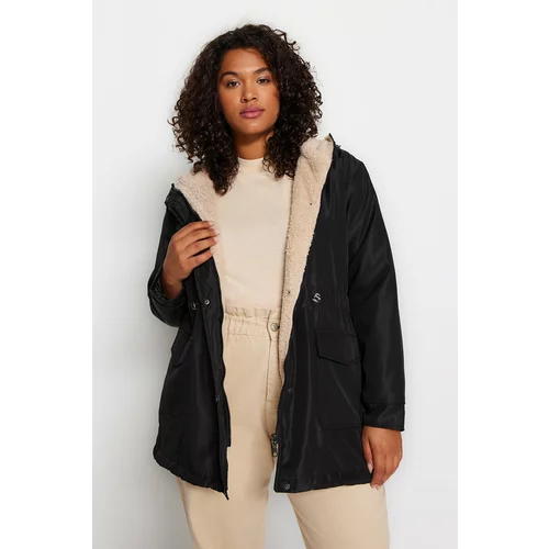 Trendyol Curve Black Hooded Coat with snap fasteners and pockets inside.