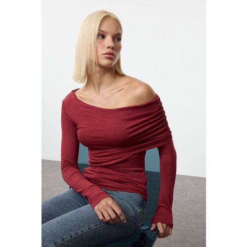 Trendyol Claret Red Asymmetric Collar Fitted/Fits Body Flexible Knitted Blouse Cene